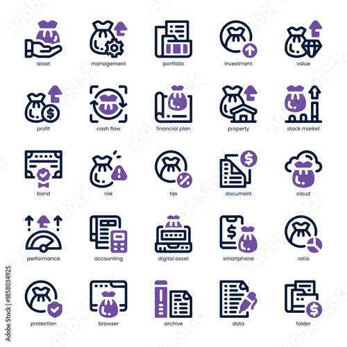 Asset Management Icon pack for your website, mobile, presentation, and logo design. Asset Management Icon dual tone design. Vector graphics illustration and editable stroke.
