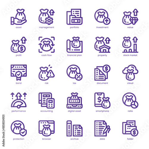 Asset Management Icon pack for your website, mobile, presentation, and logo design. Asset Management Icon line basic color design. Vector graphics illustration and editable stroke.