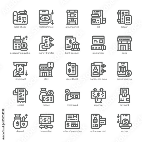Bank Transactions Icon pack for your website, mobile, presentation, and logo design. Bank Transactions Icon outline design. Vector graphics illustration and editable stroke.