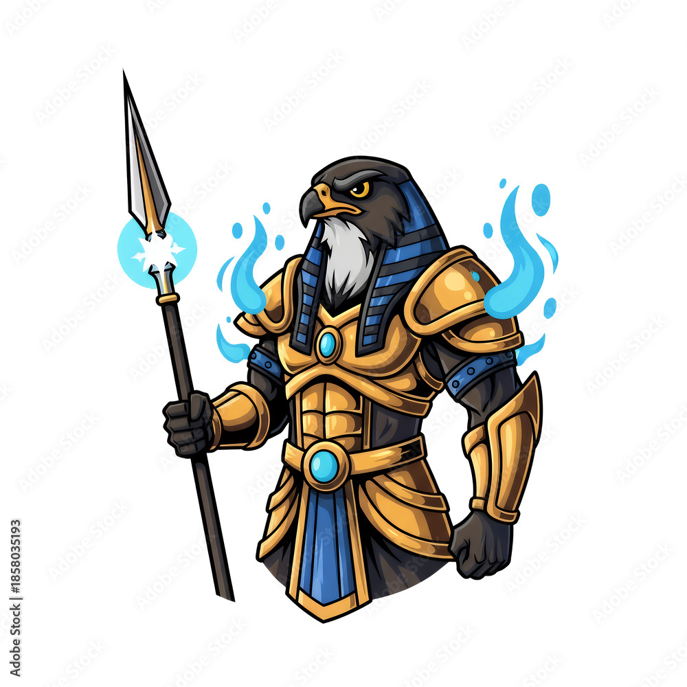 Fototapeta premium A powerful anthropomorphic hawk god in golden Egyptian armor holding a glowing spear with blue energy.