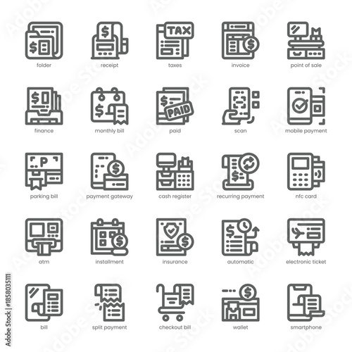 Bill and Payment Icon pack for your website, mobile, presentation, and logo design. Bill and Payment Icon outline design. Vector graphics illustration and editable stroke.
