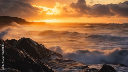 Dramatic sunset over ocean waves with rocky foreground and vibrant sky
