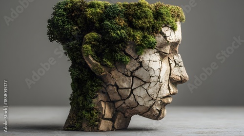 Cracked Earth Head Sculpture Covered in Lush Green Moss.
