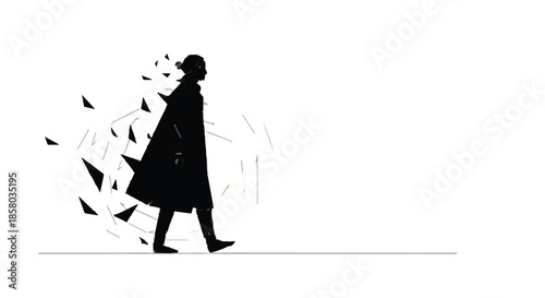 Silhouette of a person walking, dissolving into abstract shapes, symbolizing change and transition.