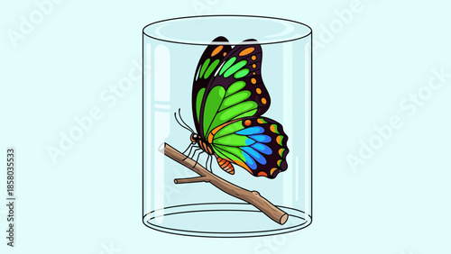 Illustration of a colorful butterfly perched on a branch inside a glass container
