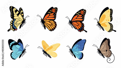 eight vibrant and diverse butterflies captured in flight against a white background