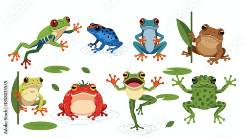 A vibrant and diverse collection of cartoon frogs in various poses, showcasing different species and their colorful patterns in an engaging vector illustration