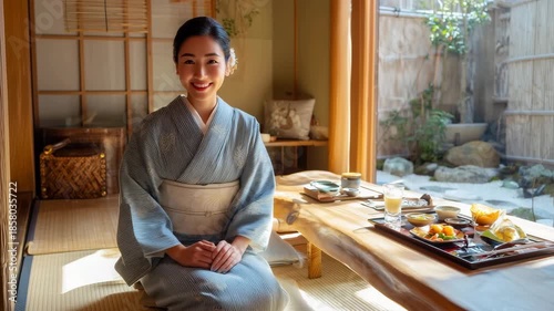 和室で朝食前に手を合わせる女性の朝、庭の静けさを感じる時間