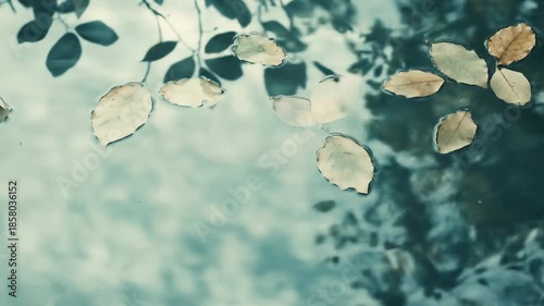 Floating autumn leaves on water surface reflected tree branches