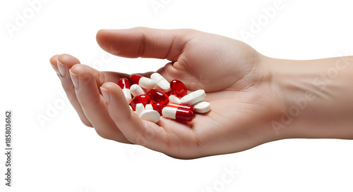 A handful of pills in a human palm, isolated on transparent background
