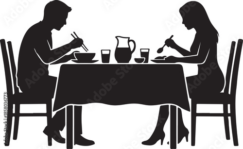 Love Couple Dinner Silhouette with Wine Glass Vector,Romantic Couple Silhouette Dining at Table with Wine