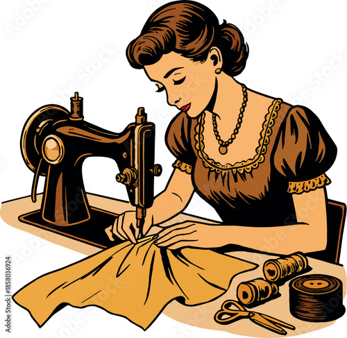 Vintage Seamstress Sewing with Machine Vector Illustration, Retro Tailor Woman Crafting Fabric