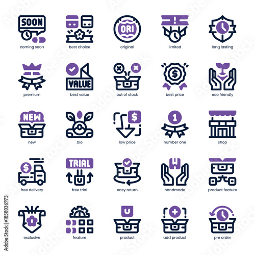 Product Feature Icon pack for your website, mobile, presentation, and logo design. Product Feature Icon dual tone design. Vector graphics illustration and editable stroke.