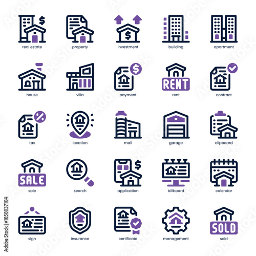 Real Estate Investment Icon pack for your website, mobile, presentation, and logo design. Real Estate Investment Icon dual tone design. Vector graphics illustration and editable stroke.