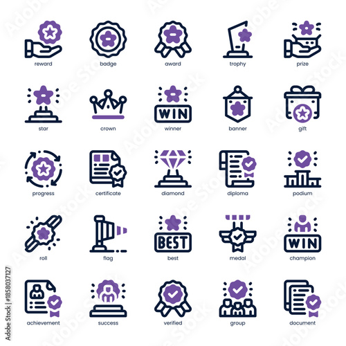 Reward And Badge Icon pack for your website, mobile, presentation, and logo design. Reward And Badge Icon dual tone design. Vector graphics illustration and editable stroke.