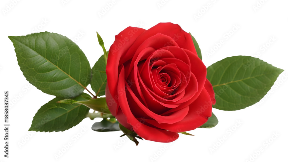 Naklejka premium A single perfect red rose with green leaves on a black background