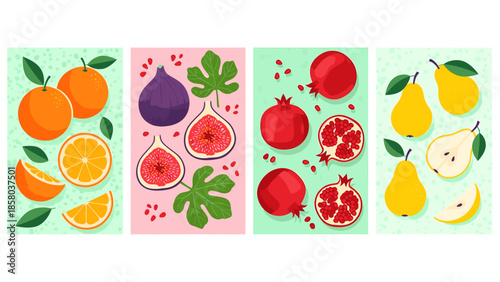 Vibrant fruit illustrations featuring oranges figs pomegranates and pears