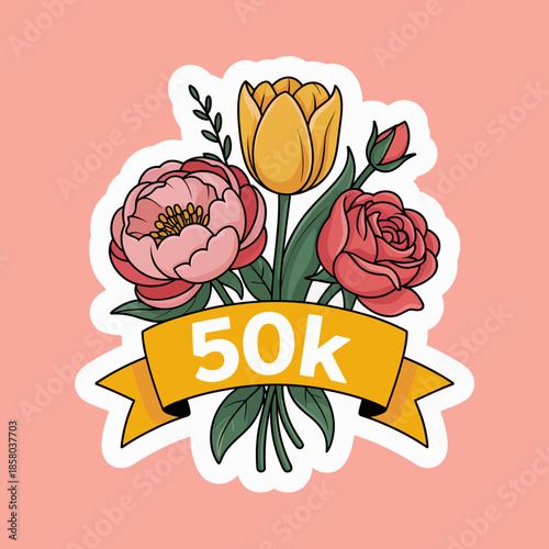 This vibrant design features an arrangement of colorful flowers with a '50k' celebration banner, perfect for celebrations and highlighting achievement in floral art.
