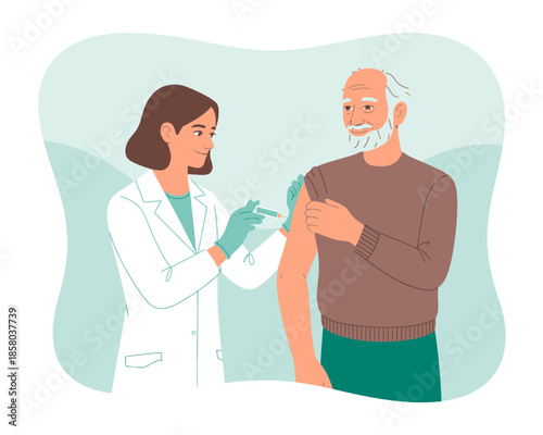A healthcare professional is celebrating the moment of administering a vaccine to an elderly man, emphasizing the importance of vaccinations for health and well-being.