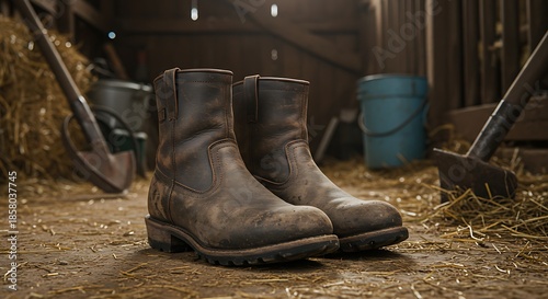 Weathered brown work boots rest on a barn floor with farming tools