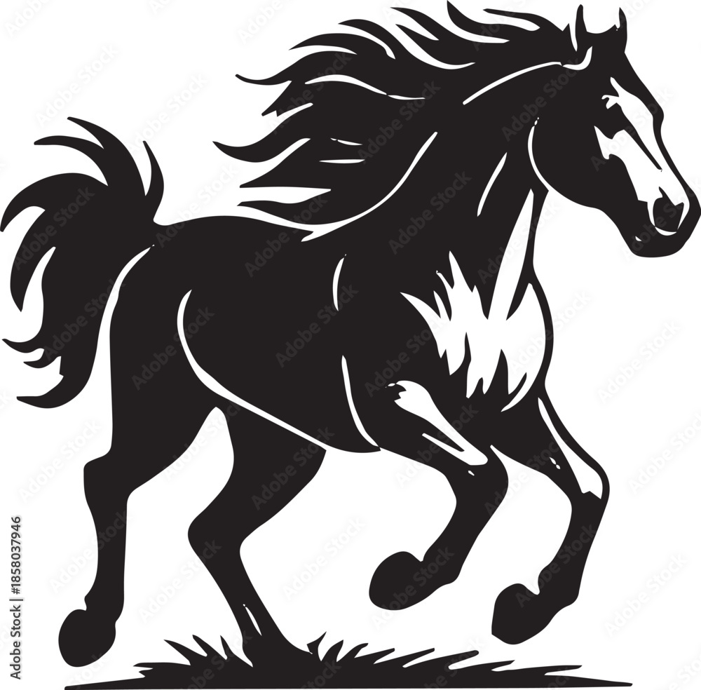 Obraz premium Running Horse Silhouette Vector Illustration, Black Galloping Stallion with Flowing Mane on White