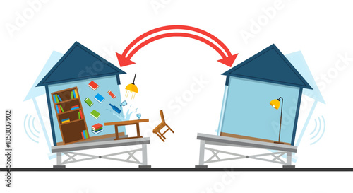 Vector illustration showing the effects of an earthquake on two houses, demonstrating the force and destruction of the event with objects flying around, and a curved arrow.