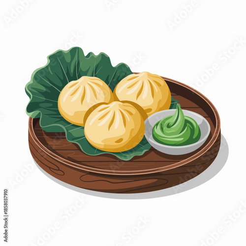 A dish filled with three delicious dumplings placed on a leaf, beautifully styled with green sauce, offering a culinary experience that reflects cultural richness and taste.