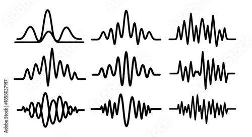 A comprehensive set of diverse abstract vector wave forms illustrating various frequencies and amplitudes, perfect for scientific and technological design projects.