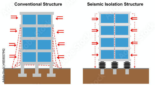 This clear vector illustration contrasts a conventional building with a seismic isolation structure, highlighting how base isolators reduce earthquake forces.