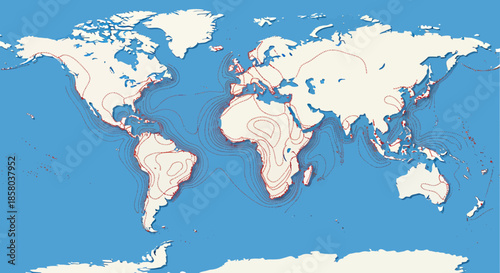 A clean vector illustration of the world map featuring detailed contour lines across continents, effectively representing global geographical data and scale.