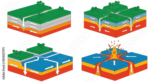 A detailed vector illustration showcases various geological formations, including tectonic plate movements, volcanic eruptions, and the earth's dynamic processes, suitable for educational or