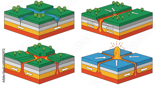 A vector illustration depicting different types of plate boundaries, including divergent, convergent, and transform boundaries, showcasing geological processes and landforms.