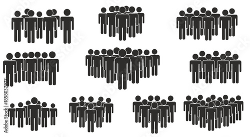 A collection of stylized, monochrome vector illustrations depicting diverse groups of people, ideal for representing community, teamwork, and social concepts against a clean white background.