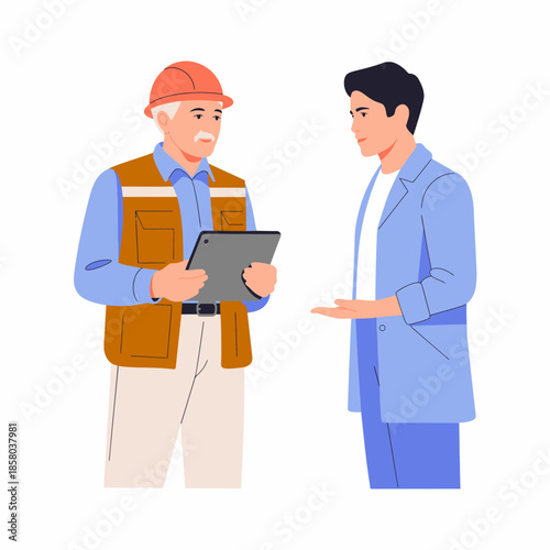 A scene featuring a cheerful construction worker in a hard hat discussing plans with a younger man, showcasing teamwork and communication in construction settings.