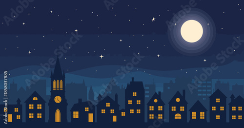 A stylized illustration of a tranquil cityscape under a bright moonlight, evoking feelings of calmness, solitude, and beauty in urban environments at night.