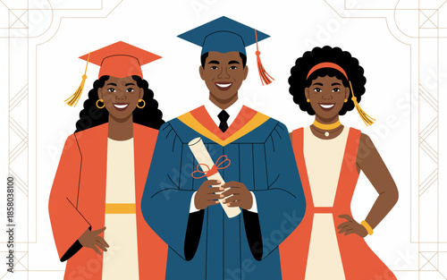 This image captures three diverse graduates smiling joyfully as they celebrate their achievements with caps and gowns, symbolizing success, education, and community.