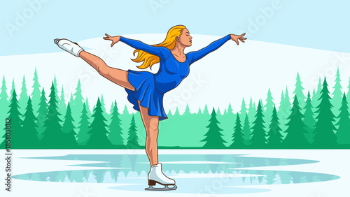 Woman ice skating on frozen lake with pine trees in background