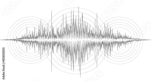 A detailed vector illustration showcases an earthquake's seismic activity, depicting the magnitude of the event with concentric circles and a dynamic waveform against a clean white backdrop.
