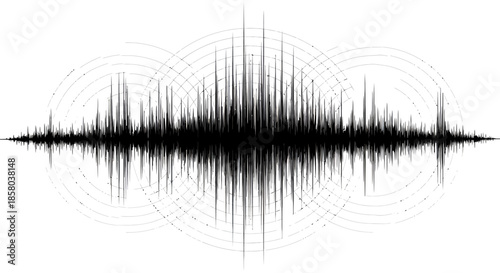 A vector illustration depicts a seismograph recording of an earthquake, showing the magnitude and intensity of seismic activity with radiating circular wave patterns in a bold, graphic style.