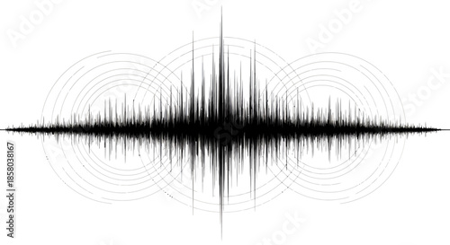 A seismograph reading displays the magnitude of an earthquake, visualized as a vector graphic with sharp peaks and concentric circles emanating from the center point.