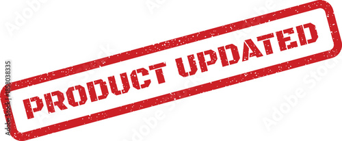 Grungy red rectangular rubber stamp impression confirming the status Product Updated for records