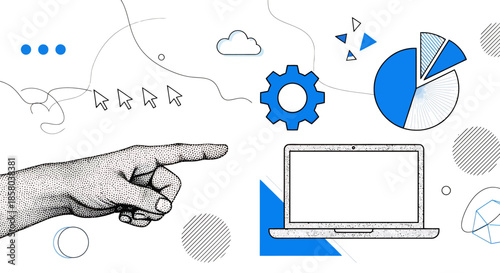 Stylized vector illustration depicts a hand pointing towards a laptop, gear, and pie chart, representing business analytics and technology solutions in a modern design.