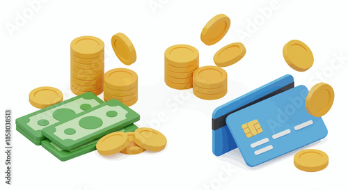 A vibrant vector illustration showcases stacks of gold coins, crisp green banknotes, and modern blue credit cards, symbolizing financial transactions and wealth in a clean, modern style.