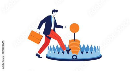 A businessman carefully avoids a trap baited with money, symbolizing financial risks and the need for caution in investment decisions, depicted in a clean vector style.