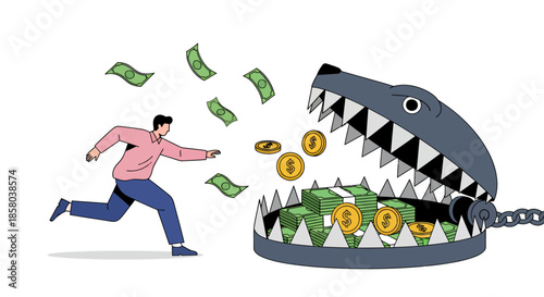 A man runs away from a bear trap filled with money, illustrating the concept of financial risk, investment traps, and the dangers of quick wealth schemes.