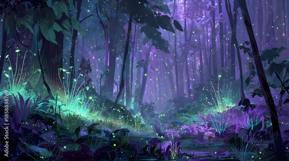 Fototapeta premium Enchanted Forest at Twilight with Bioluminescent Flora.