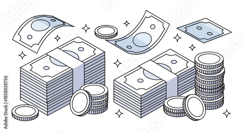 A clean, modern vector illustration showcases various stacks of paper money and metallic coins, representing financial success and wealth in a business context.