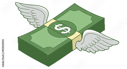 A cartoon illustration depicts a stack of money banknotes with wings, symbolizing financial concepts like spending, investment, or the rapid flow of funds, all rendered in a vector graphic style.