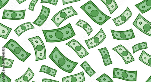 An illustration featuring a dynamic, scattered arrangement of green dollar bills, suggesting wealth, finance, and prosperity in a clean, vector graphic style.