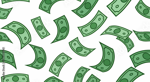 Seamless vector pattern of falling green dollar bills, symbolizing wealth, finance, and economic prosperity on a clean white background, suitable for various designs.